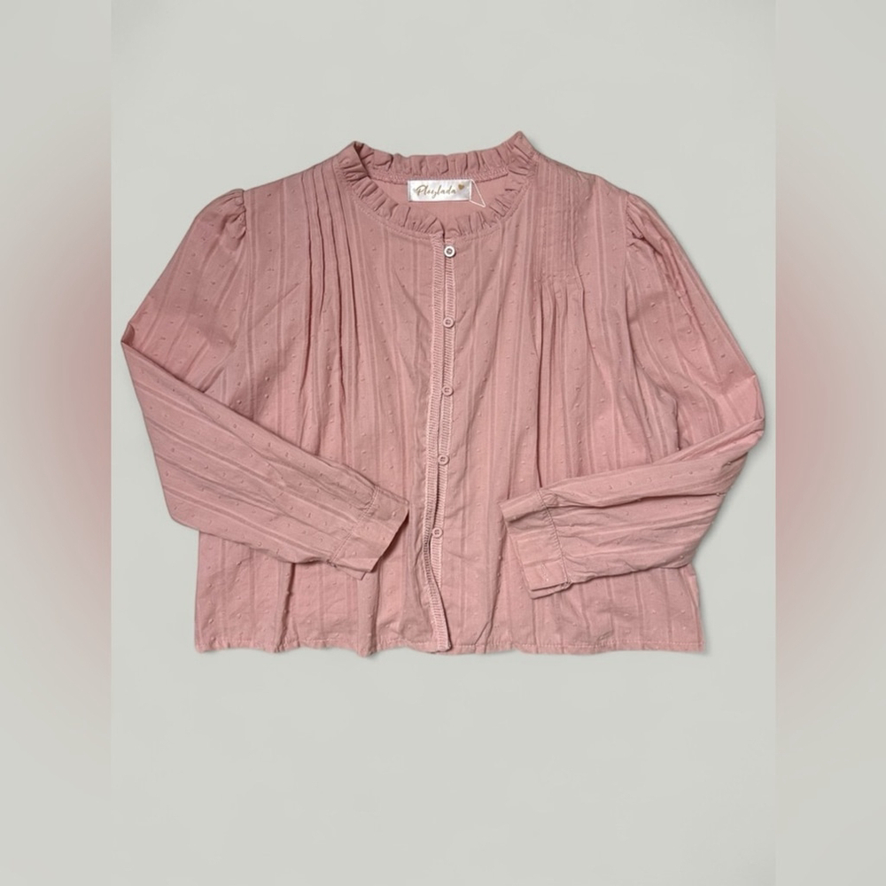 Pink Top Women Size Large Cotton Swiss Dot Pleated Ruffle Round Neckline Long - Picture 7 of 13